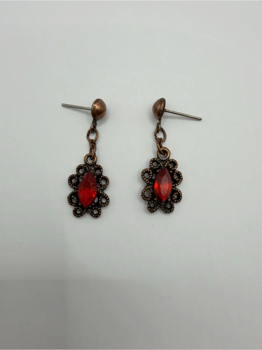 Vintage Gothic Dangle Earrings | Copper Tone Red Rhinestone Victorian Earrings